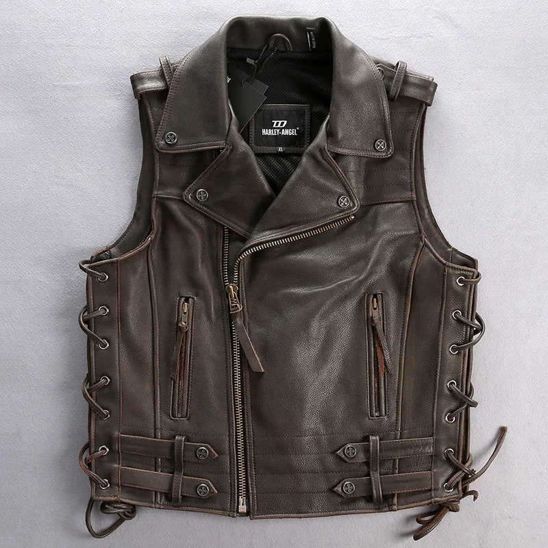 

Прочтите описание! Мужской мотоциклетный жилет из воловьей кожи азиатского размера