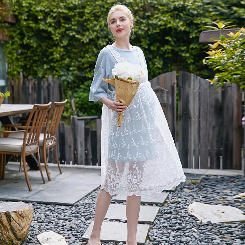 

High Quality Long Lace Maternity Dresses Clothing 2pcs Pregnant Woman With Short Sleeve T-shirt Dresses Fashion Pink Blue B55 10