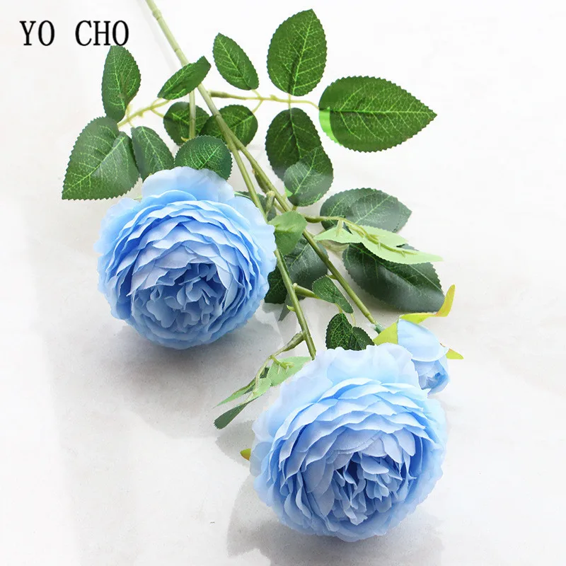 blue Йо Чо 3 головки желто-Белые пионы Искусственные цветы Шелковые цветы розы Искусственные цветы Свадебный Декор для дома поддельные пионы - Цвет: blue