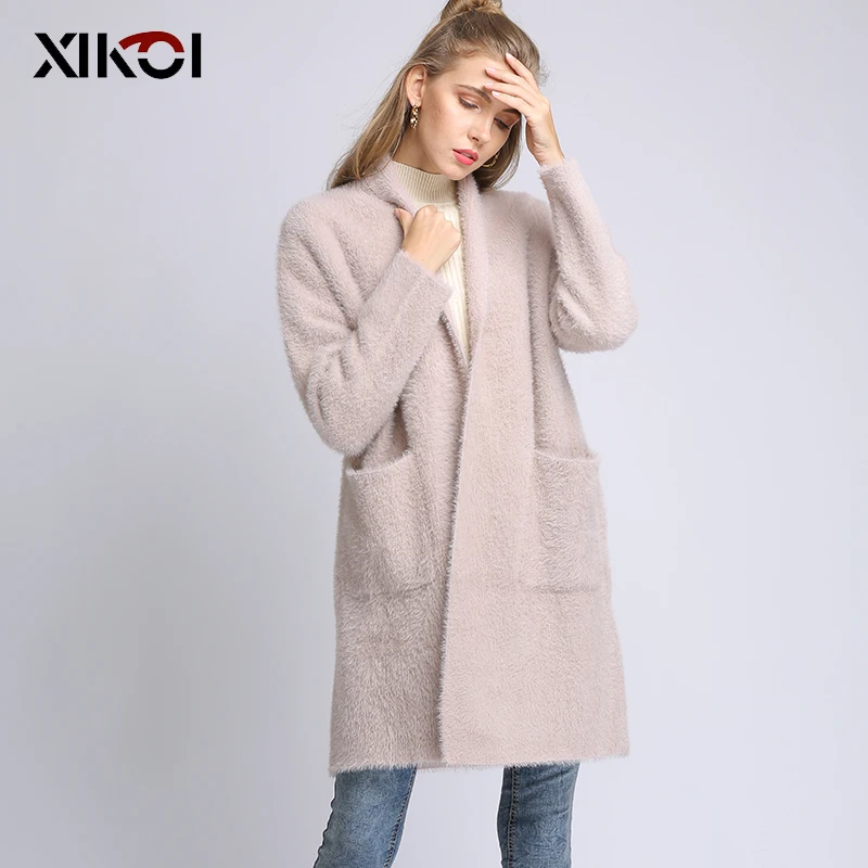 XIKOI Женская шерстяная куртка кардиган средней длины Свободный теплый отворот