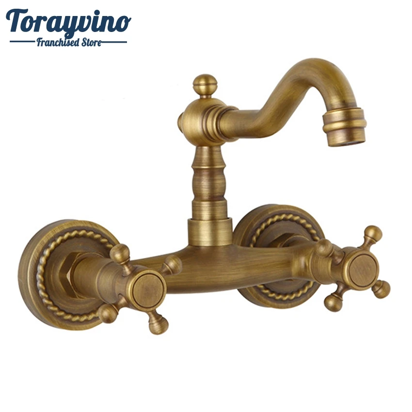 

Torayvino Bathroom Faucet tall Europe Antique Brass taps 2 Handles Control Bathroom Wall Mounted faucet Basin Brass Mixer Tap