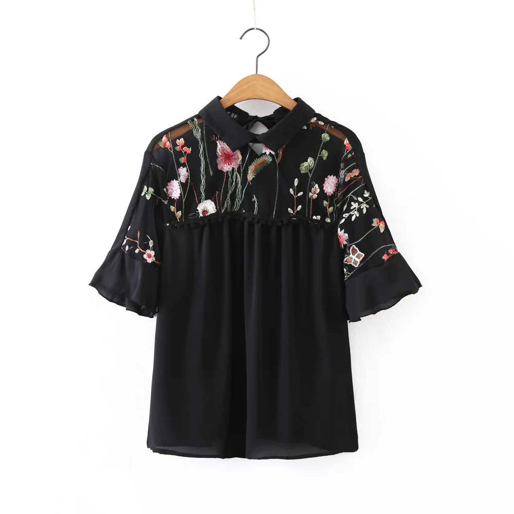 2017 женские винтажные Лоскутные свободные блузки с вышивкой модные милые черно