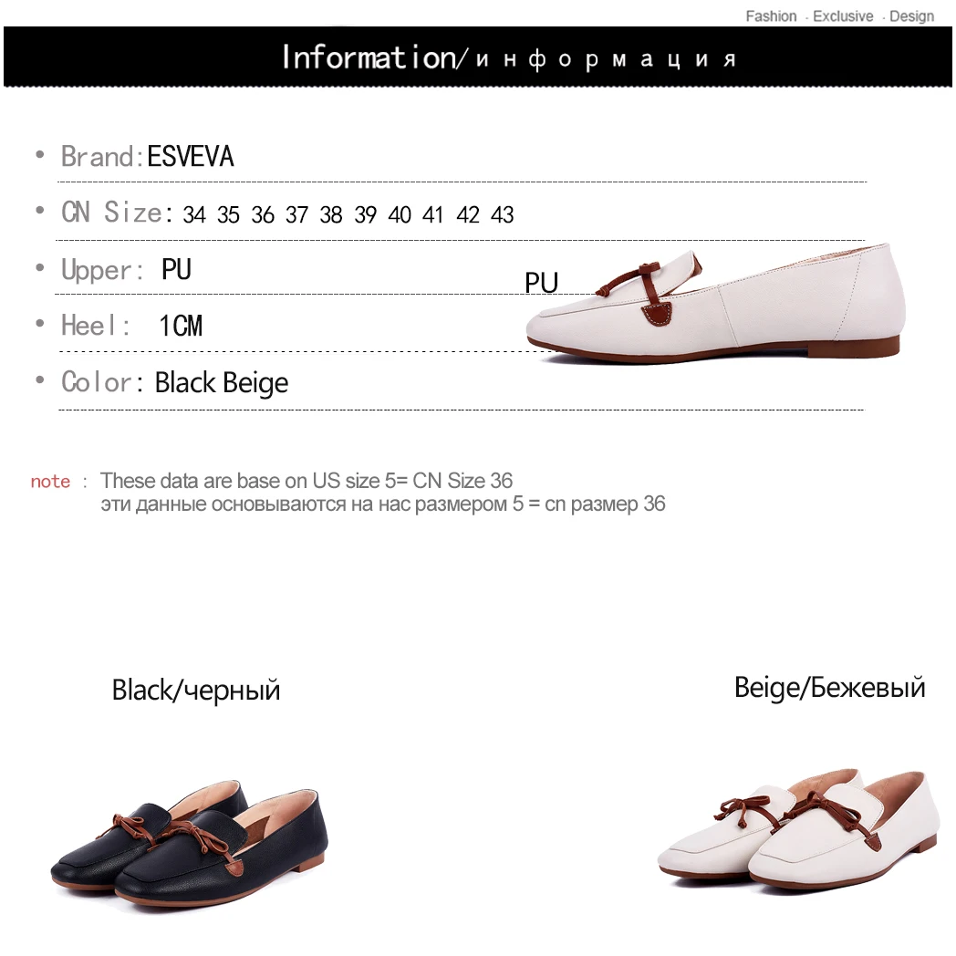 

ESVEVA 2019 Woman Shoes Square Heel PU Leather Pointed Toe Butterfly-Knot Spring/Autumn Slip on Casual Retro Flats Size 34-43