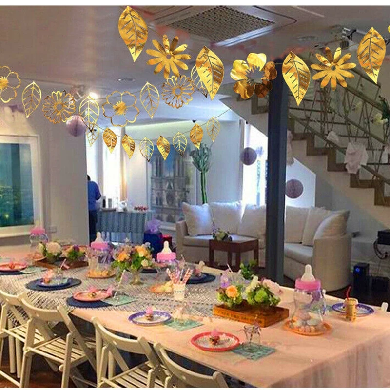 2 м Золотая Серебряная зеркальная бумажная карта цветы листья гирлянда бандаж