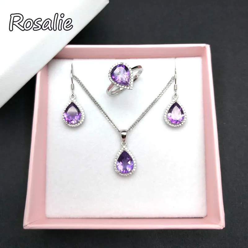 Rosalie 10ct up 925 Sterling Silver Jewelry Sets Natural Amethyst Necklaces Rings for Women Gemstone fine jewelry with gift box | Украшения