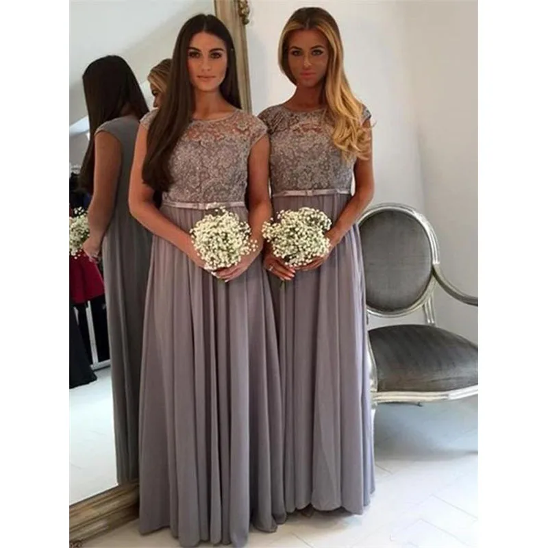 

Grey A Line Long Bridesmaid Dresses New Lace Applique Pleat Floor Length Sleeveless Scoop Neck Formal Wedding Party Gown