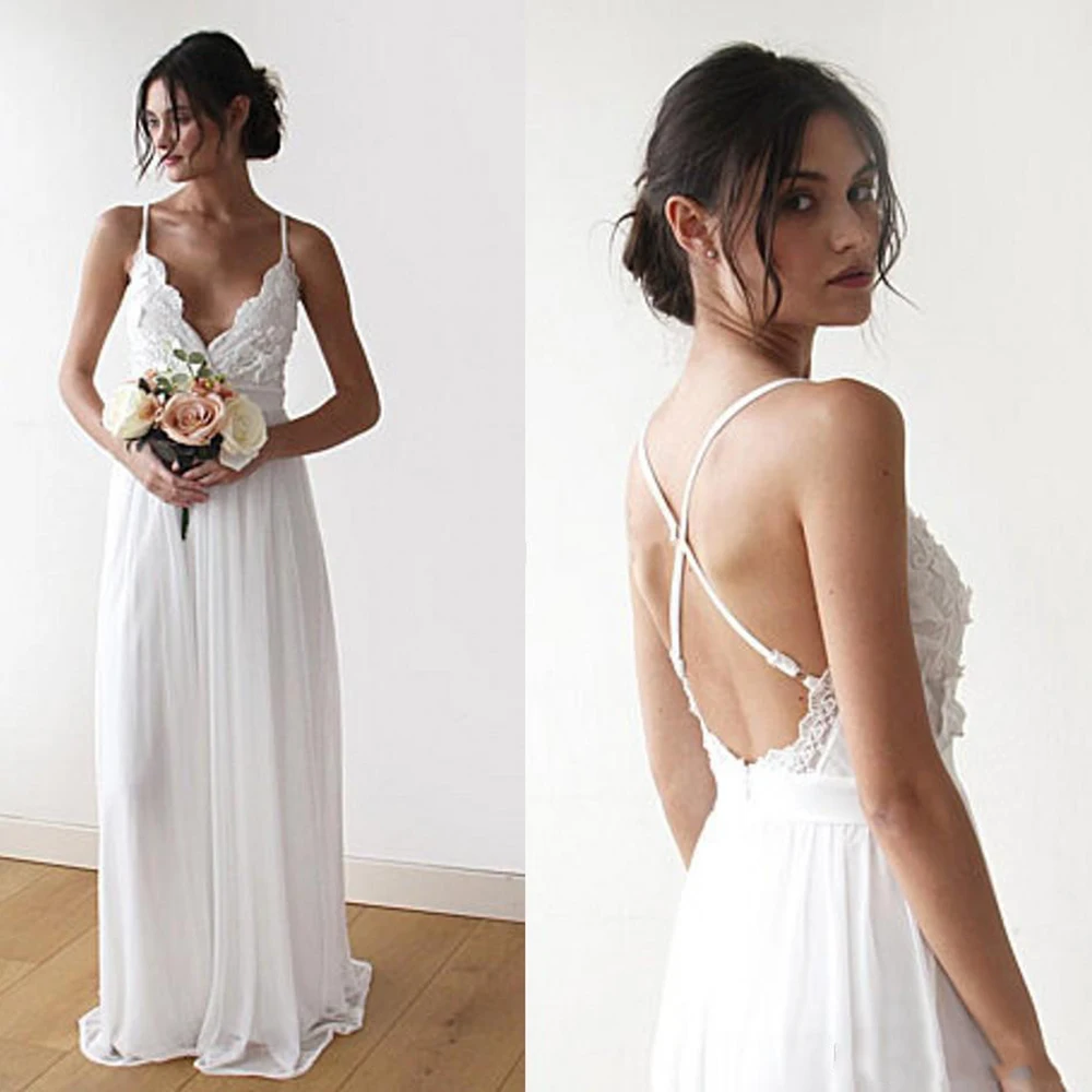 

Boho Wedding Dreess 2019 Beach Bride dress Chiffon Lace Appliques Backless Cheap Wedding Dresses Modest Hot sale