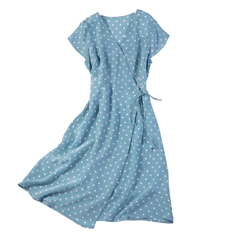 

Women Summer Silk Dress V neck blue Vintage Natural silk dresses Elegant Dress Casual real silk dots print wrap style dress