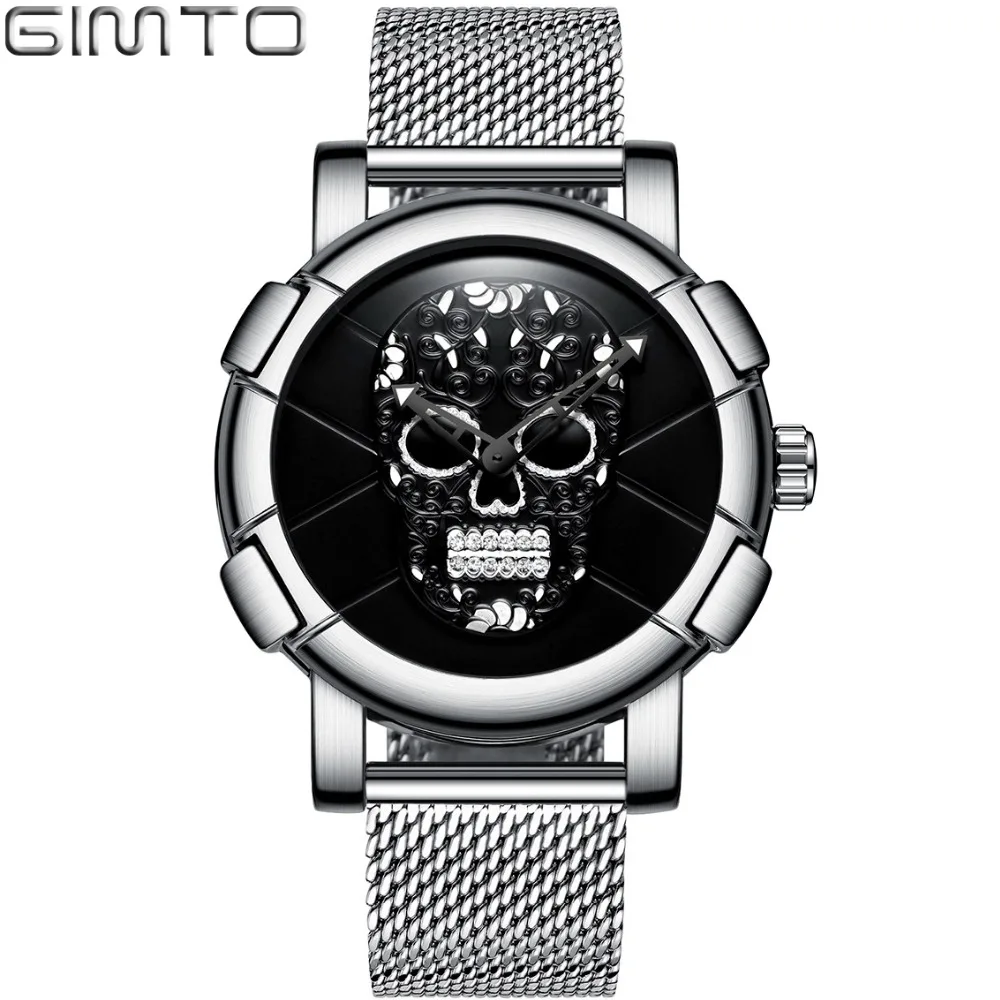 GIMTO модные стильные мужские часы с черепом 3D узором со стразами и скелетом