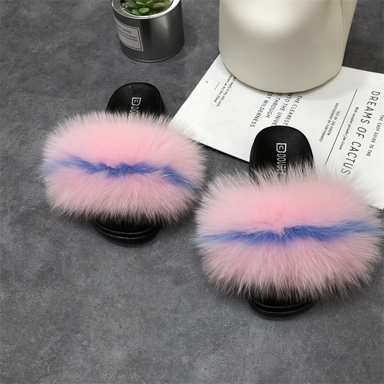 pink blue Тапочки с натуральным мехом; женские домашние пушистые Ползунки с мехом лисы; удобные летние меховые туфли на плоской подошве; Милая женская обувь; Вьетнамки с лисьим мехом - Цвет: pink blue