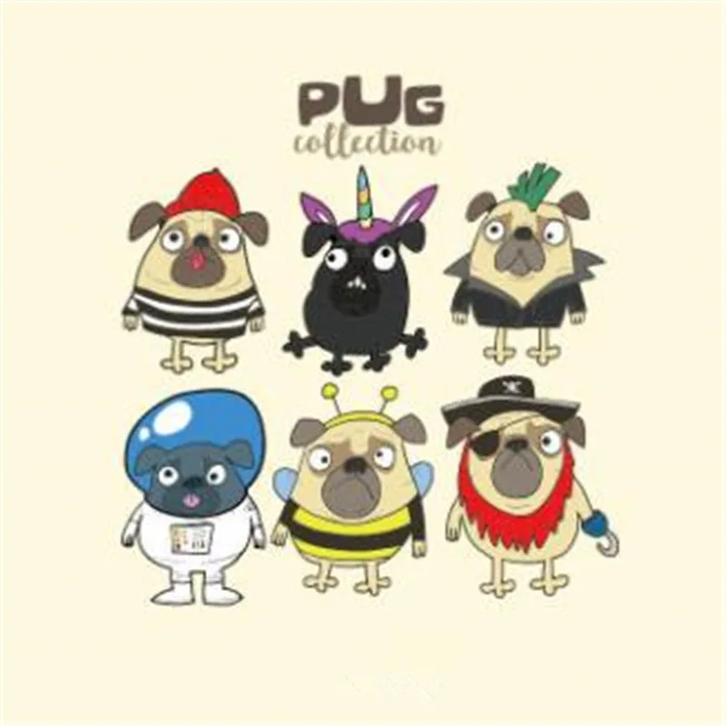 T shirt women Diy pvc patch 6pcs pug cute biker patches for clothing heat transfer printing clothes stickers free shipping | Дом и сад