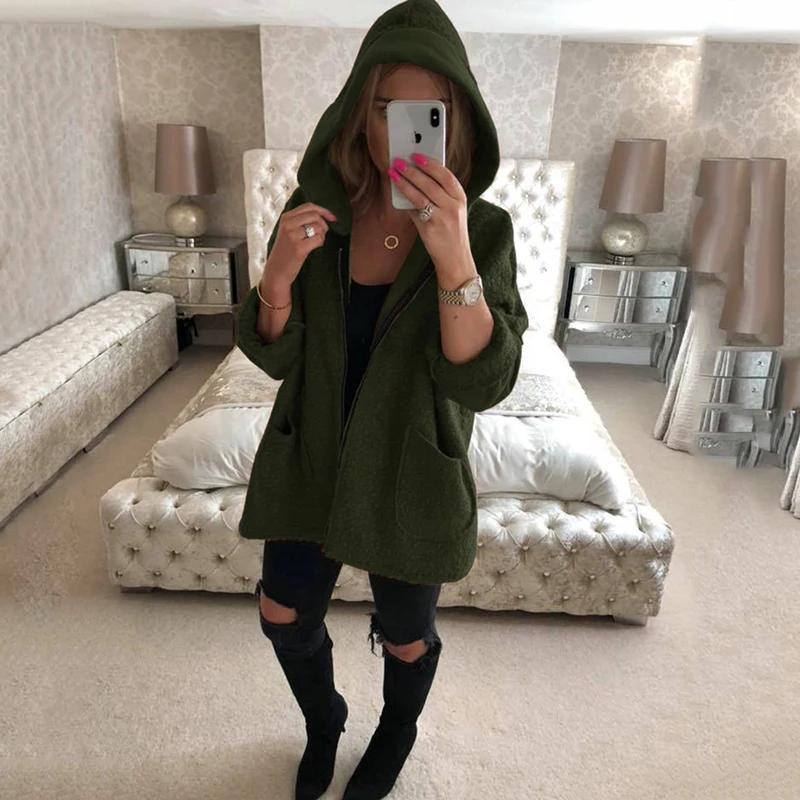 SHIBEVER New loose autumn women jacket fashion fur coat hooded Zipper causal black female Outerwear NDR96 | Женская одежда