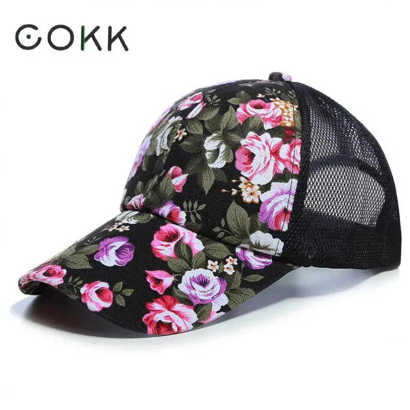 COKK-Gorra de malla con estampado de flores para mujer, gorro de béisbol con estampado de flores, ajustable, informal, para deportes al aire libre, para el sol