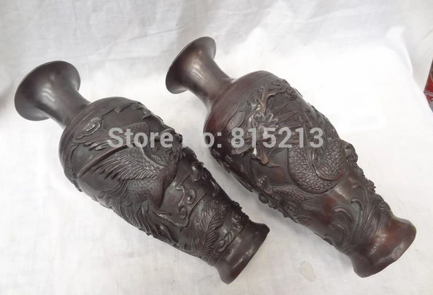 bi001124 11&quot Chinese Bronze Fly Dragon Phoenix Ball Statue Flower Twin Vase Pot Pair | Дом и сад