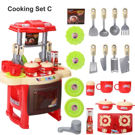 Set C no 54pcs set Детские миниатюрные кухонные игрушки, ролевые игры, набор для приготовления пищи со звуком и светом, резка фруктов и овощей, детский кухонный стол - Цвет: Set C no 54pcs set