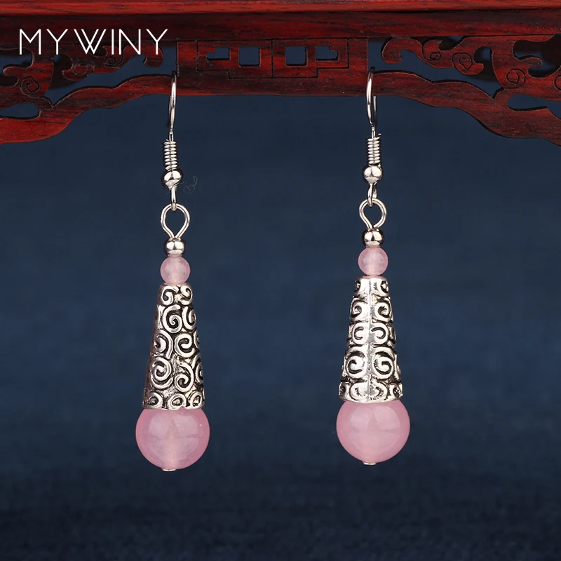 MYWINY, серьги в этническом стиле с натуральными камнями, розовые, винтажные, модные, тибетские серебряные серьги, ювелирные изделия, морской синий цвет