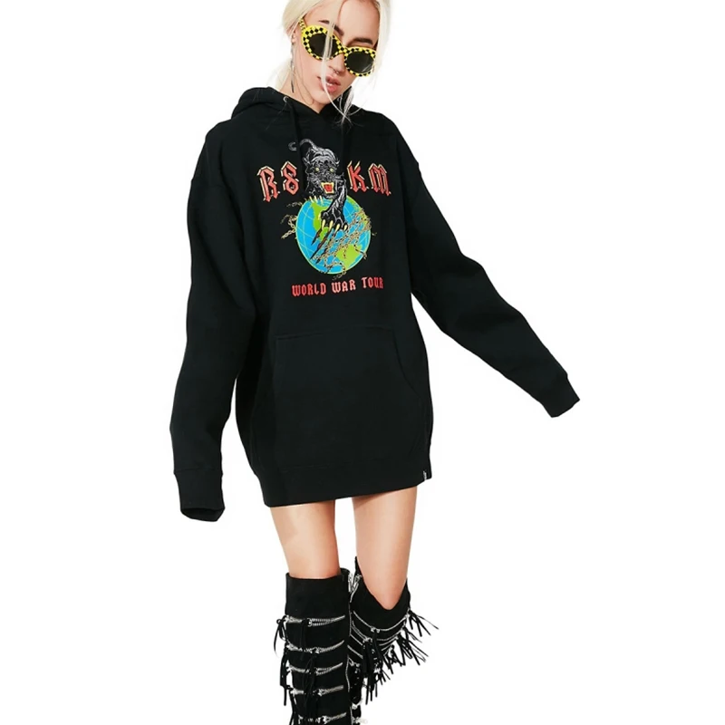 HDY Haoduoyi Women Black Sweatshirts Long Sleeve Animals Letters Printed Back Pocket Front Female Loose Cotton Hoodies | Женская одежда