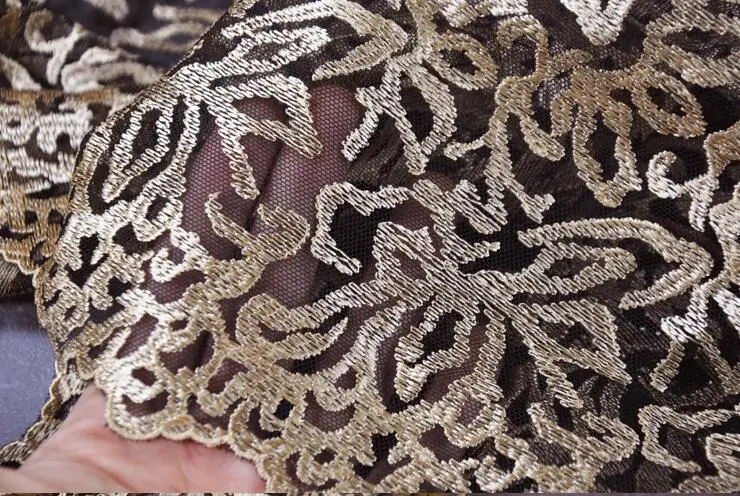 Кружевная Сетка с вышивкой черная золотистого цвета 3 метра 32 см ширина|lace