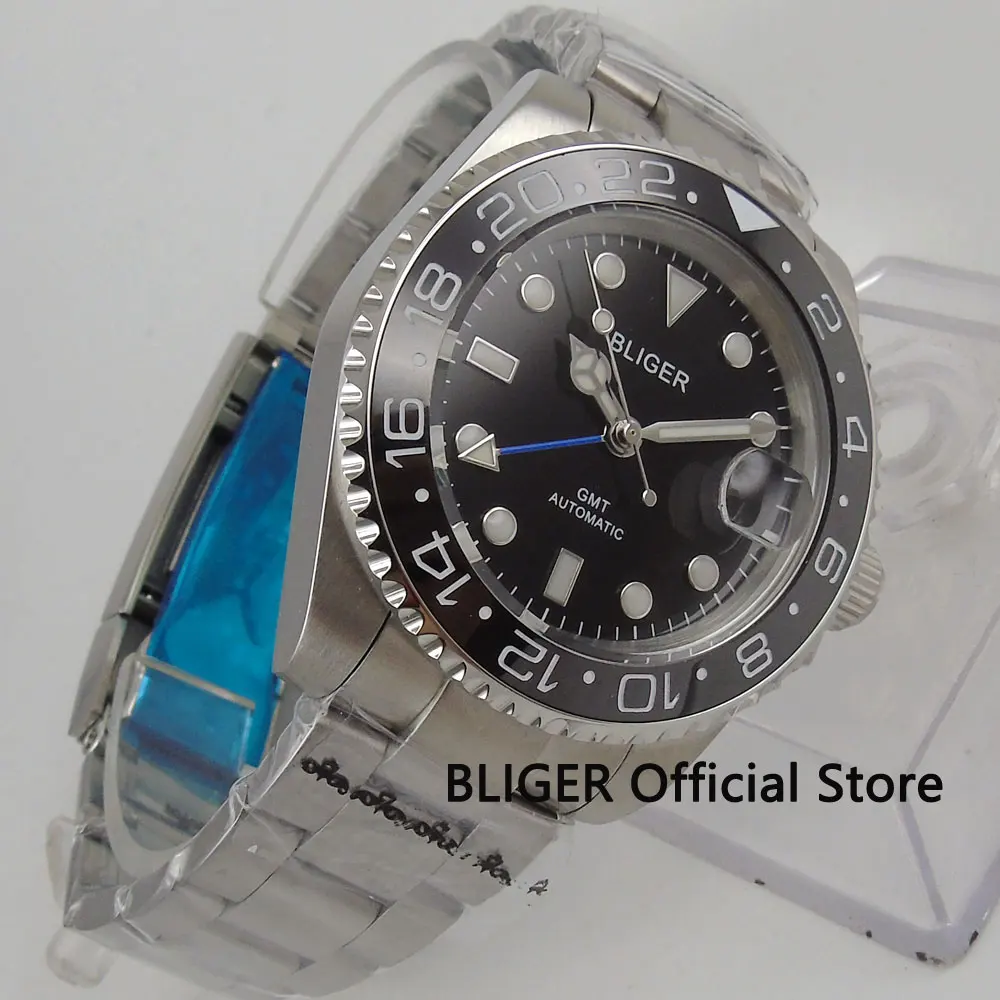 BLIGER 40 мм черный циферблат Керамика ободок GMT Функция Дата Лупа световой