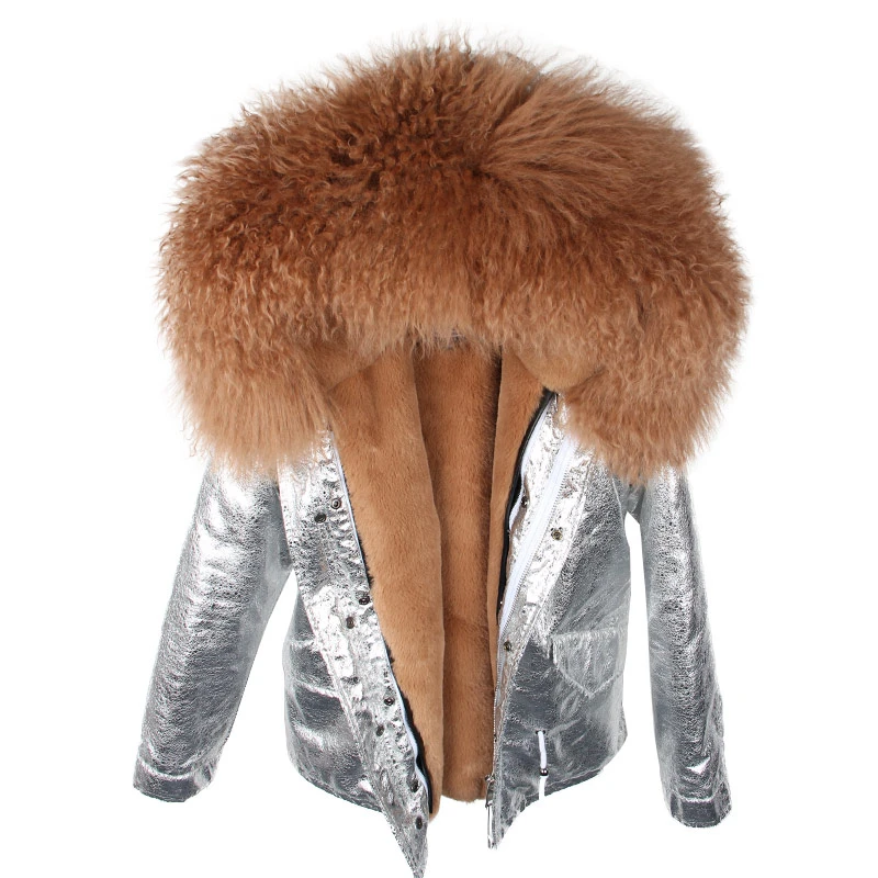 silver brown Parka Real Fur Coat Winter Jacket Women Real Mongolia Sheep Fur Parkas Thick Warm Luxury Detachable Outerwear Streetwear - Цвет: silver brown