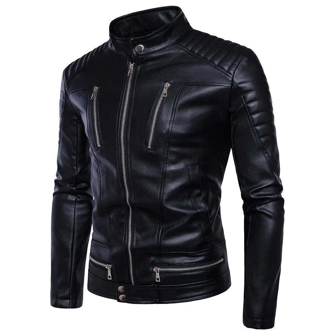 

[European code] 2020 men's locomotive multi-zip leather clothing fashion collar collar wrinkled leather jacket