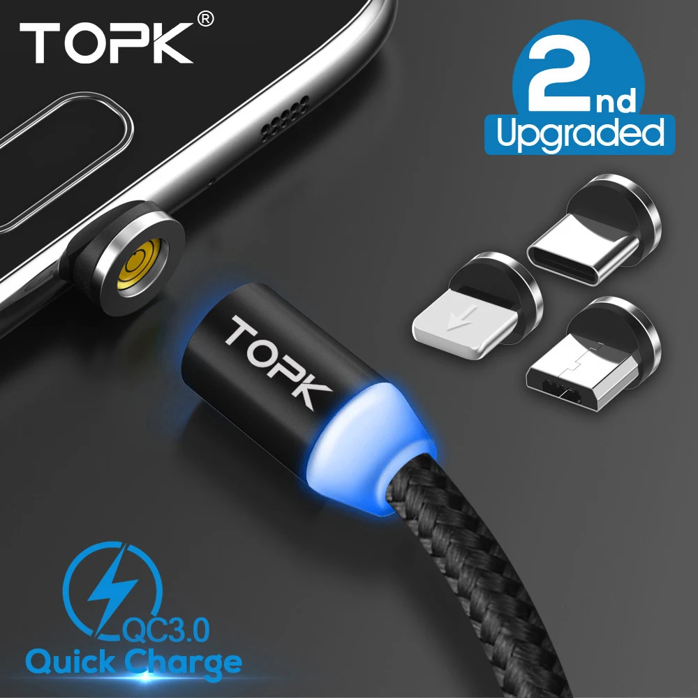 Светодиодный магнитный кабель TOPK 2 го поколения для iPhone X 8 7 6 usb type C и Micro USB быстрой