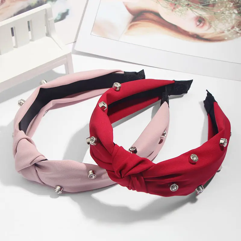 Bohemian Solid Color Soft Velvet Center Knot Wide Pearl Hairband Ladies multiple color Knotted Hairband Hair Accessories