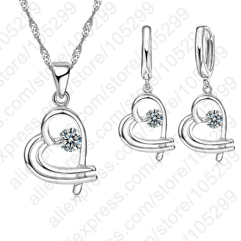 

Top Sale Romantic Couple Gift 925 Sterling Silver Jewelry Crystal CZ Pendant Heart In Heart Necklace Earring Set Women Wedding