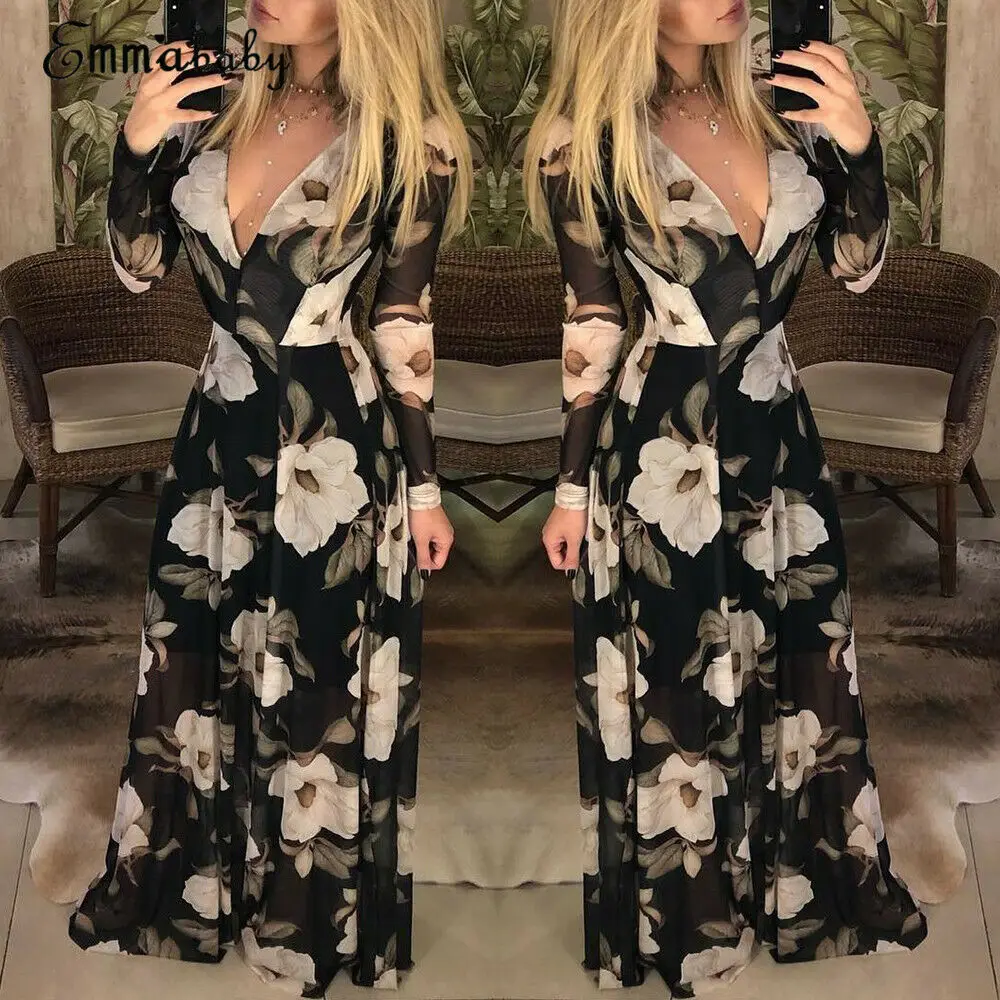

Women Long Sleeve Floral Boho Long Maxi Dress Ladies Casual Dress Evening Party Beach Dress Sundress