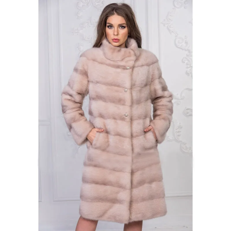 Trendy Style Orange-pink Color Real Fur Coats For Women Luxury Full Pelt Mink Fur Coat Warm Winter Outerwear Furry Clothes