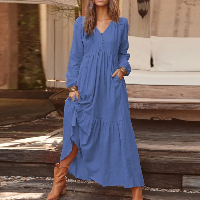 

ELSVIOS 3XL Elegant Autumn Long Sleeve Pleated Party Dress Women Sexy V-neck Button Long Dress Female Pocket Beach Summer Dress
