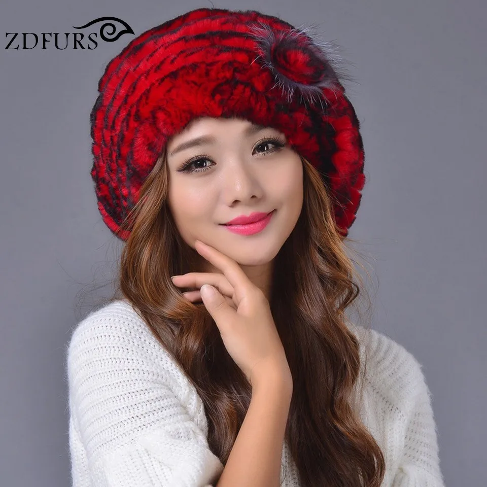 wine red ZDFURS*, зимний Настоящий мех кролика, шапка, берет, зимняя шапка, натуральная женская теплая шапка с лисьим мехом, цветок,, ZDH-161003 - Цвет: wine red