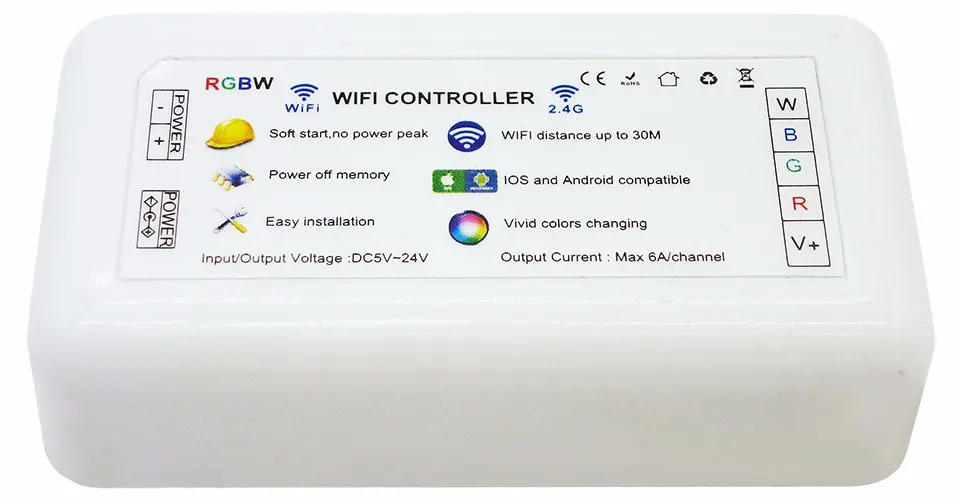 

H802WiFi; ios android RGBW Wi-Fi контроллер; DC5V-24V вход; 6A * 4CH выход