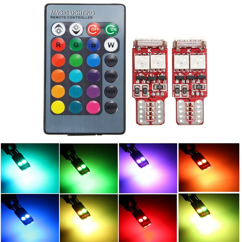 QCDIN 2Pcs Car Clearance Lights T10 6 SMD 5050 Canbus 12V RGB LED Light Bulb Wedge Lamp Headlight With Remote Control | Автомобили и