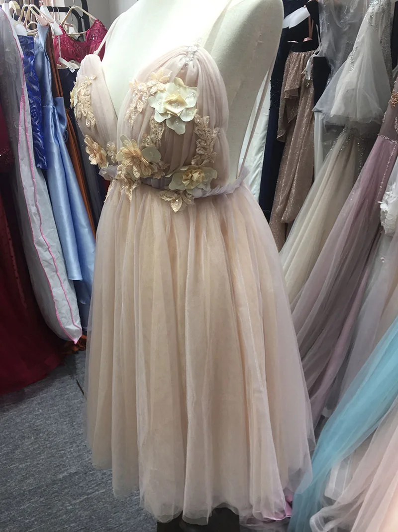SSYFashion/Новые коктейльные платья, милые розовые кружевные платья до колен с v-образным вырезом и цветами с блестками, вечерние платья с бисером, Robe De Soiree