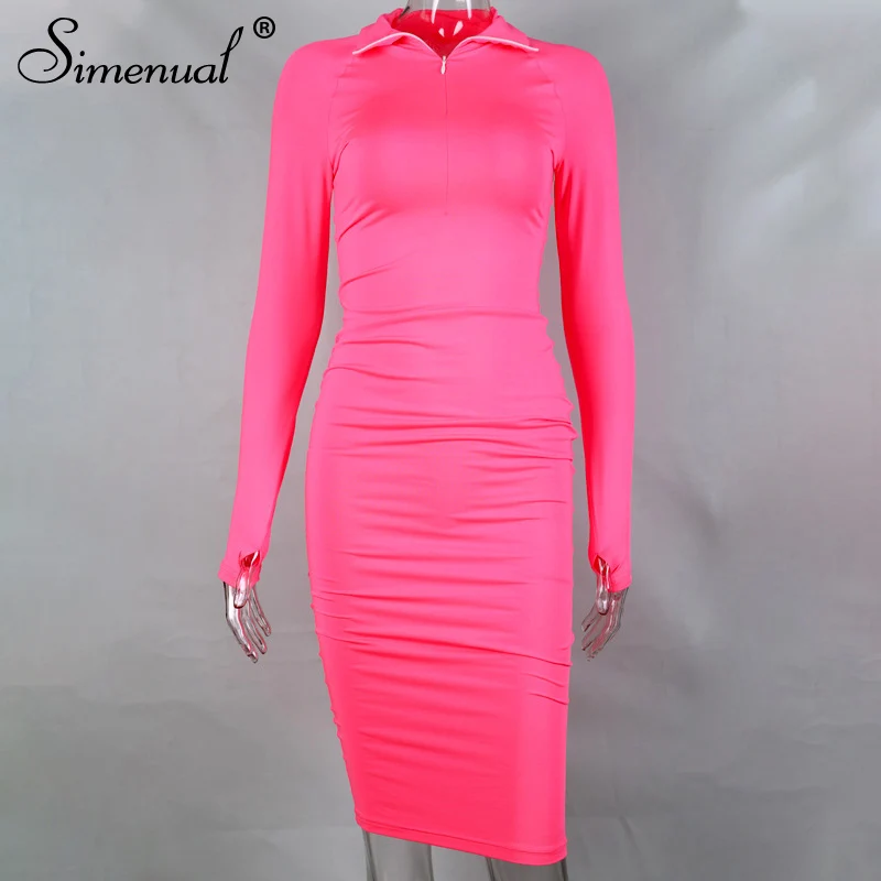 pink Simenual, розовое повседневное облегающее платье, женское платье с длинным рукавом на молнии, модное однотонное платье, осень, тонкое базовое женское платье-миди, неоновое - Цвет: pink