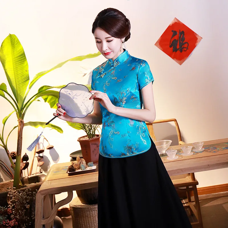 Китайский стиль, улучшенные Cheongsam топы, винтажный костюм Тан, национальная блузка с коротким рукавом, китайская одежда, женские топы Hanfu