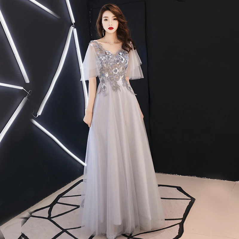 Серое свадебное вечернее Ципао женское элегантное платье с v образным вырезом и
