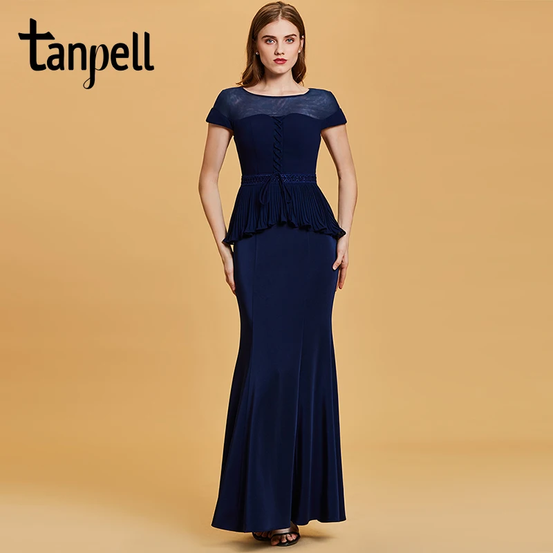 

Tanpell long evening dress dark navy scoop short sleeves floor length mermaid gown women party formal chiffon evening dresses