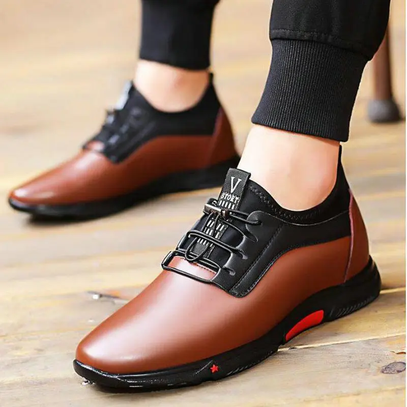 

Fashion Band Casual Sneakers Men Luxury Platform Elevator Shoes Brown Black Leather Elastic Height Increasing Flats shoes A52-08