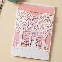 wishmade white wedding invitations with laser cut trees 50 pink inner paper elegant engagement cardsfree printing and shipping
