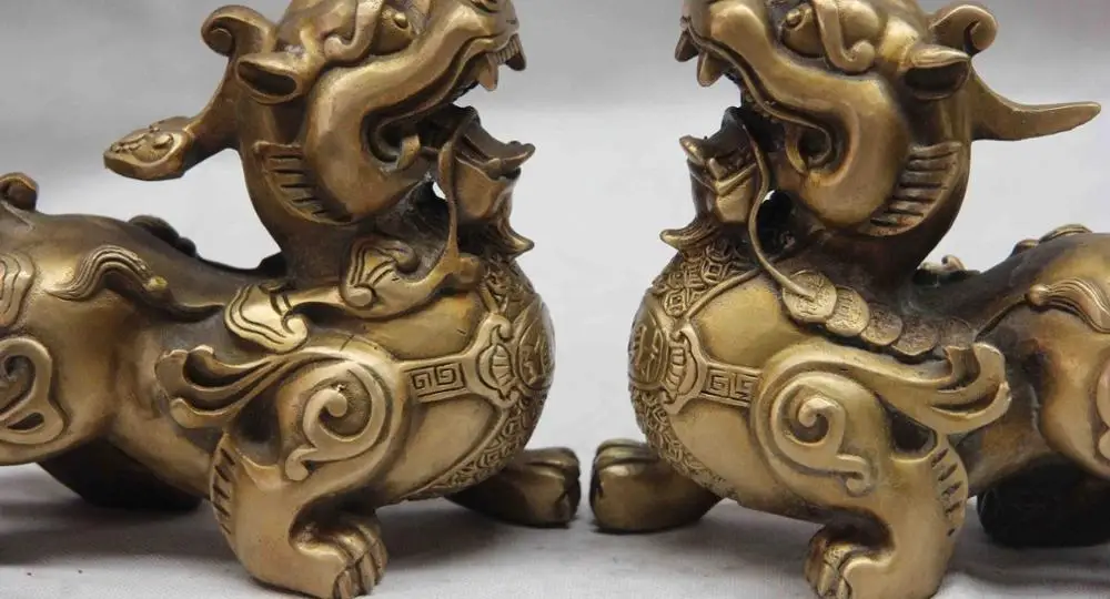 Китай Бронза Медь Фэншуй Богатство Деньги Храбрые войска Pixiu Единорог Статуя