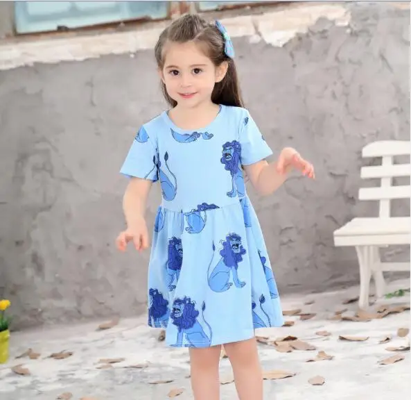 Children kids Summer Dress Baby Girls Cartoon Lion Print Short Sleeve Princess Blue | Детская одежда и обувь