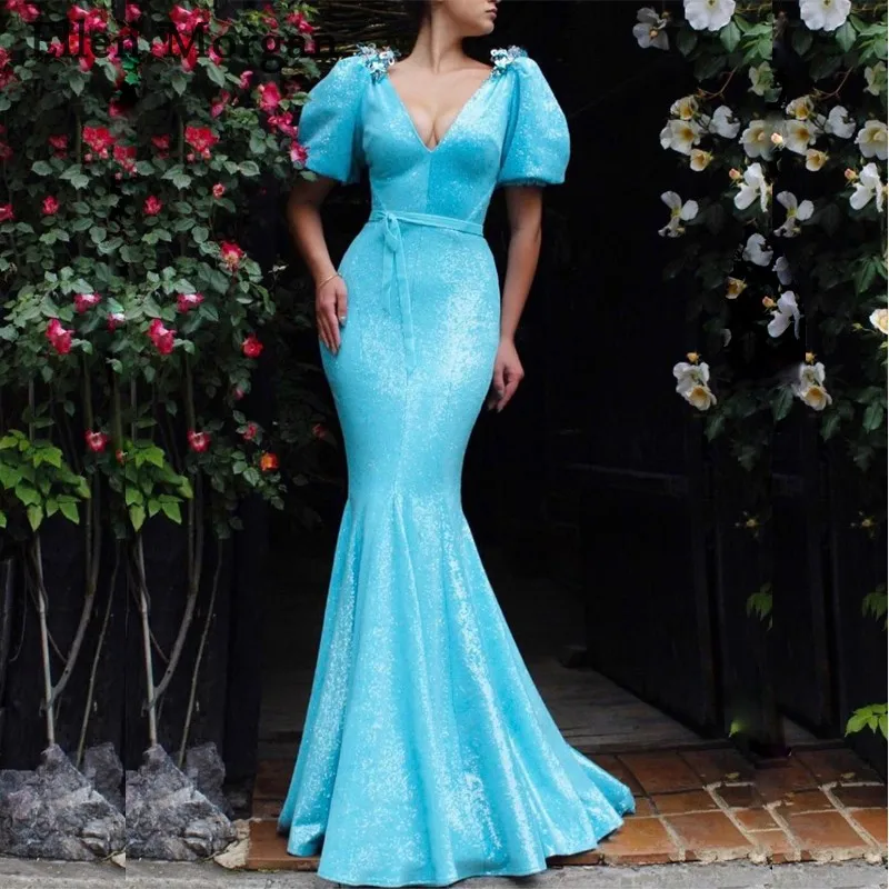 Вечерние платья русалки с коротким рукавом блестками и V образным вырезом