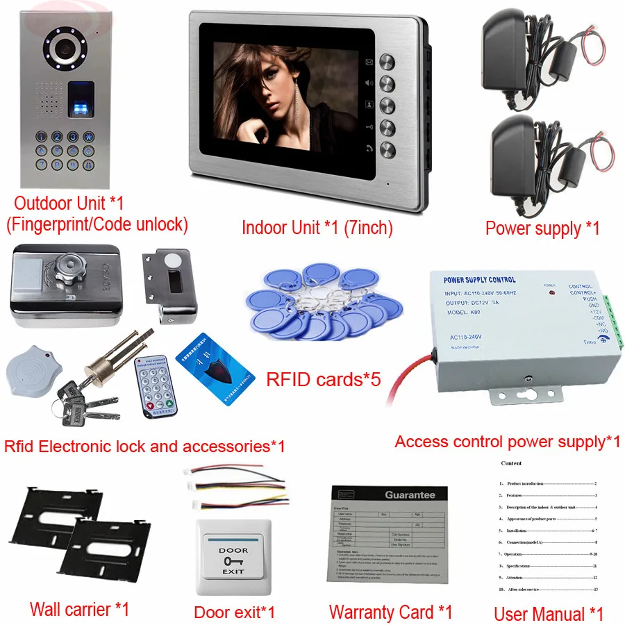 Домофон 7 &quotвидео монитор панель дверного замка для отпечатка пальца IP65
