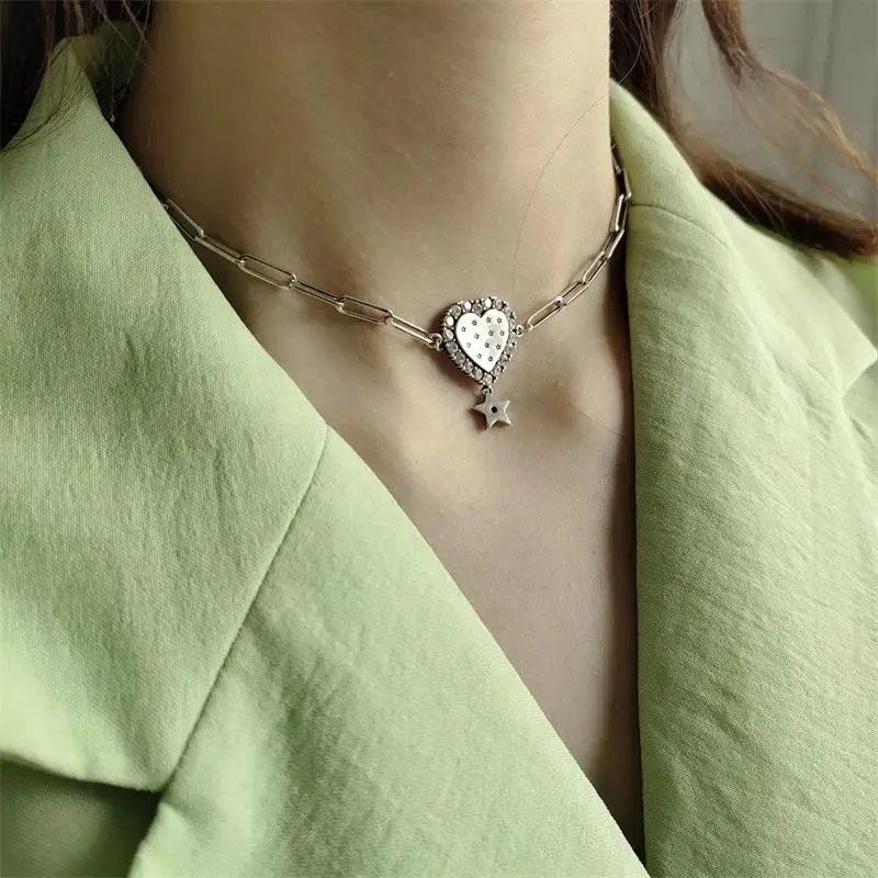 

LouLeur Real 925 Sterling Silver Heart Short Chains Necklace Romantic Star Zircon Party Necklace Women Fashion Fine Jewelry Gift