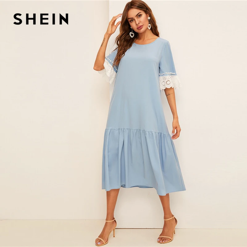SHEIN модное платье с бусинами и вышитыми манжетами,, голубое весенне-летнее платье с коротким рукавом, туника с заниженной талией, женские платья