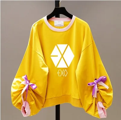 Новинка 2021 корейские свободные однотонные толстовки kpop EXO с бантом Женский