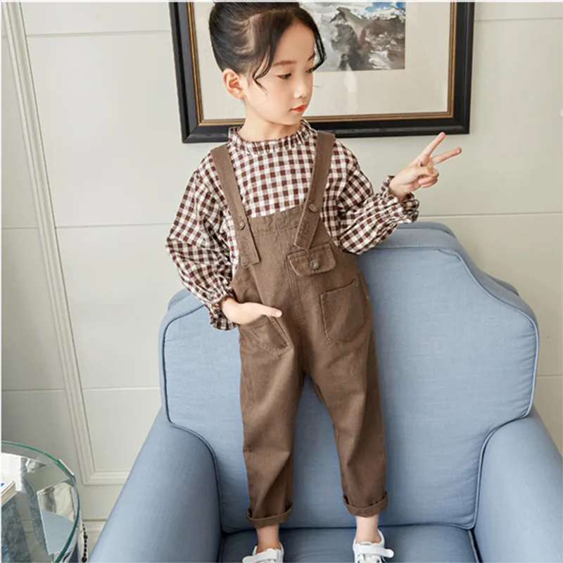 

DFXD 2018 Spring Girls Clothes Fashion Baby 2pc Outfits Long Sleeve Plaid Pullover Top+Overall Toddler Kids Set Princess Suit
