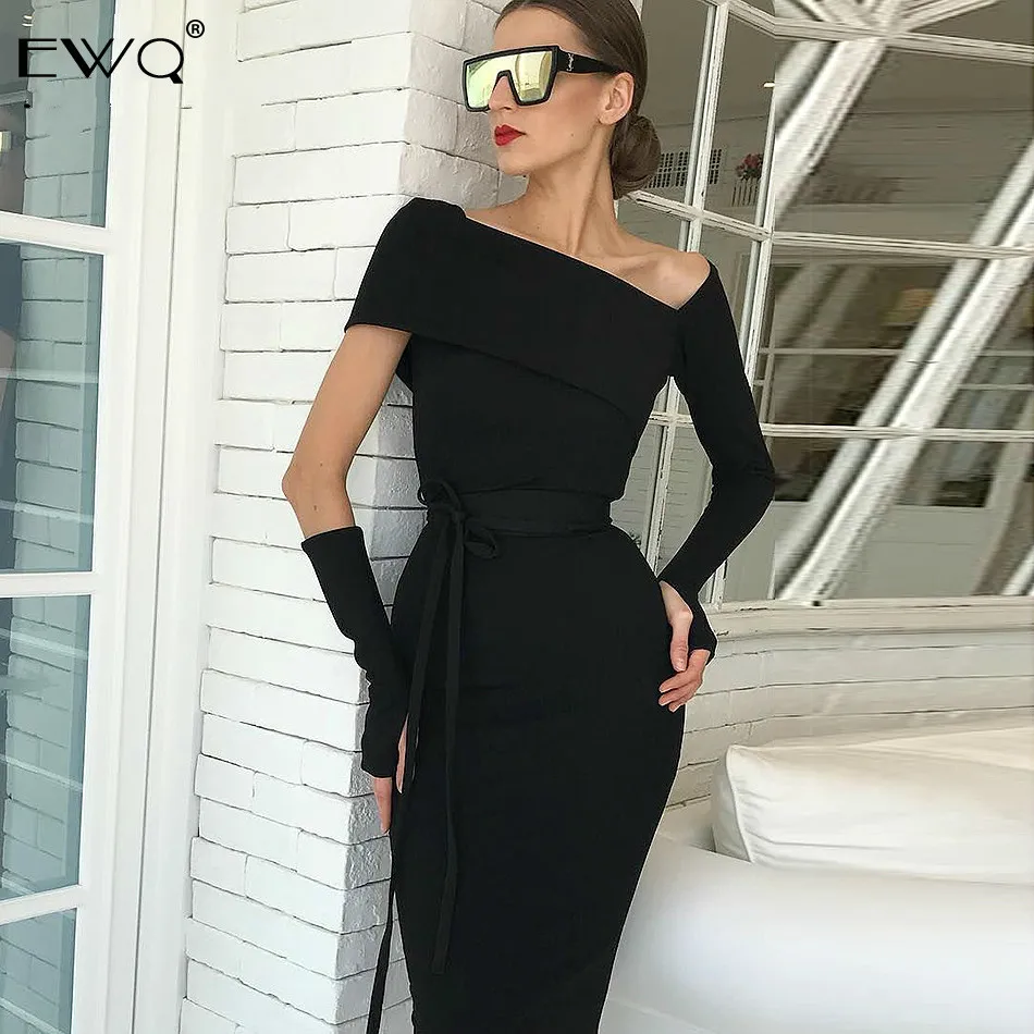 EWQ / 2018 New Summer Women Dress Slash Neck Sashes Sexy Bodycon Elegant Celebrity Party Black Dresses Wholesale FQ928 | Женская одежда
